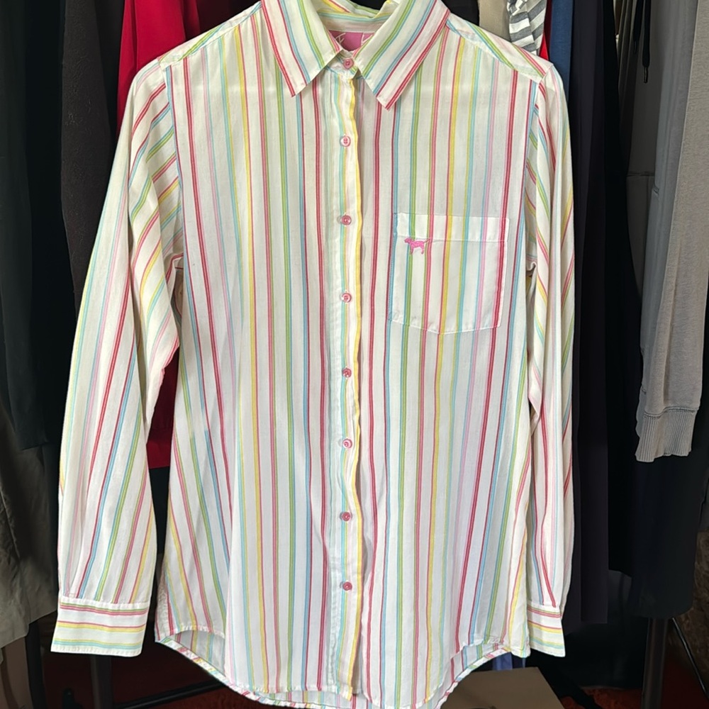 PINK long sleeve button down multi colored striped shirt size S